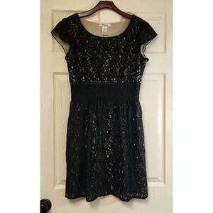 Womens Pinky Black Lace/ Gold Lined Smocked Waist Dress Size Large
